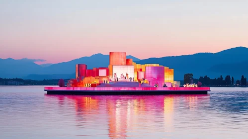 Colorful Geometric Floating Stage at Sunset