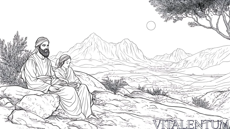 Line Art: Man and Woman in Mountains AI Image