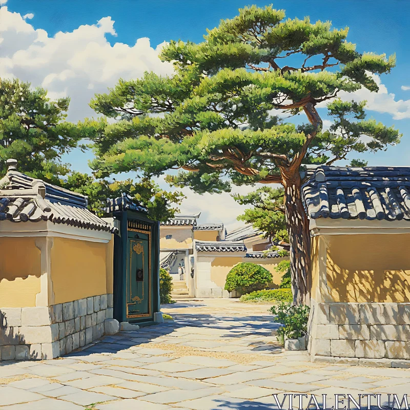 Tranquil Courtyard with Traditional Buildings and Tree AI Image