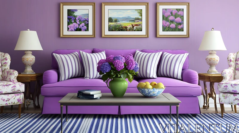 AI ART Stylish Living Room with Purple Sofa