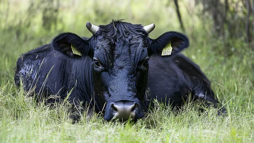 Black Cow Resting in Green Pasture