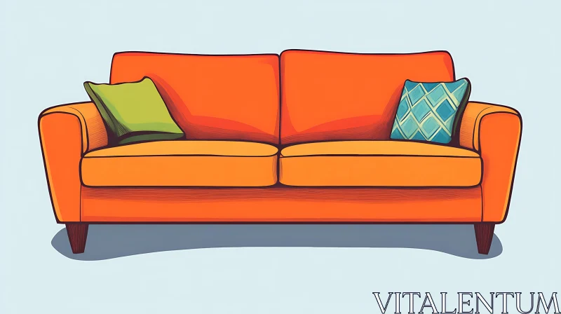 AI ART Modern Orange Sofa with Cushions