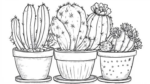 Potted Cacti Line Art