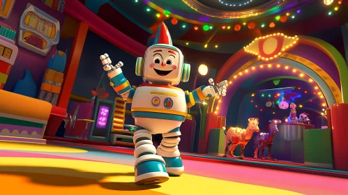 Animated Robot Clown in a Colorful Room