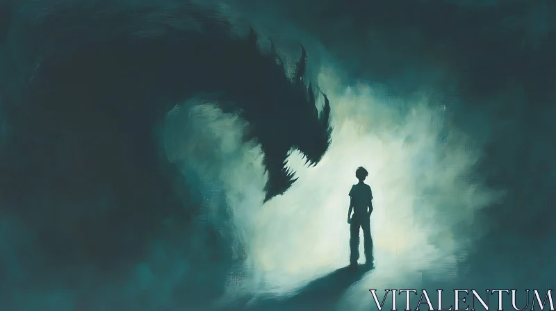 AI ART Shadows of Courage: Boy Facing Dragon