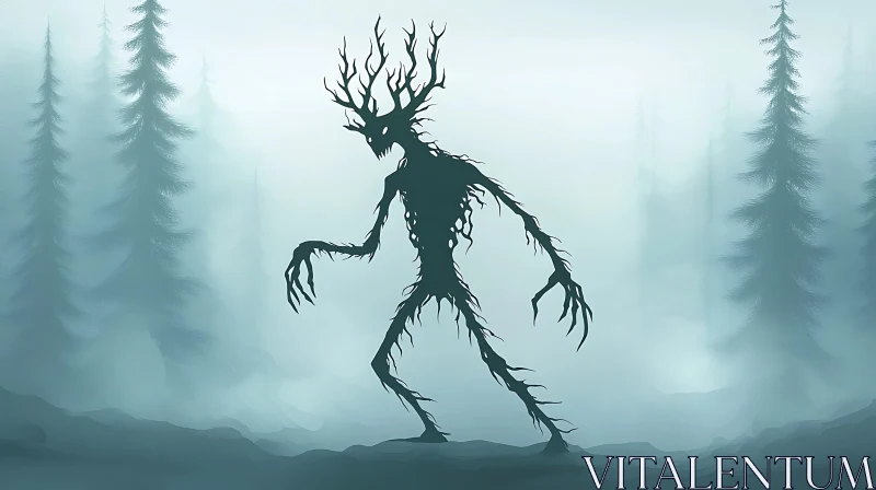 Antlered Creature in Misty Woods AI Image