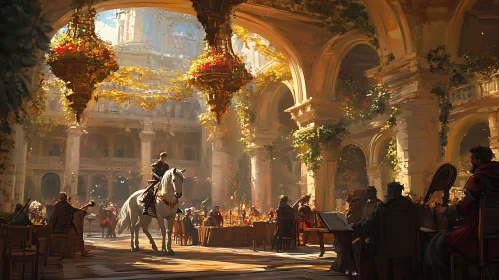 Palatial Dining Scene with Equestrian Figure