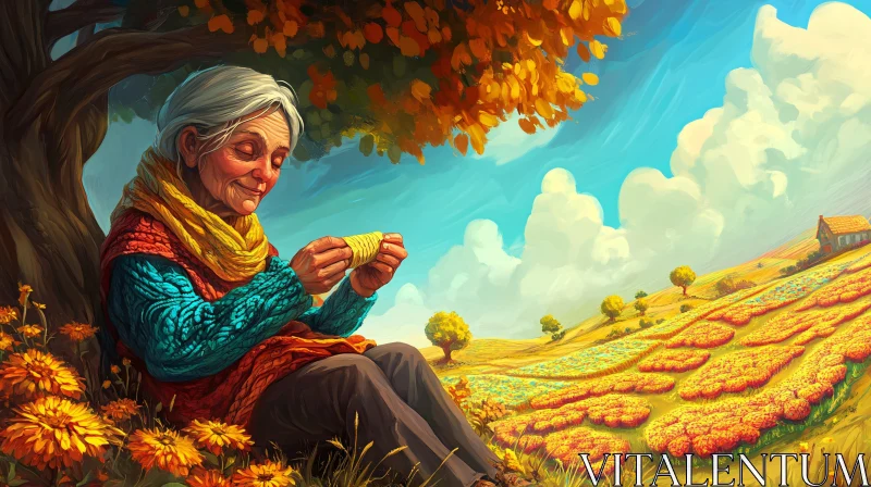 Elderly Woman Knitting Outdoors AI Image