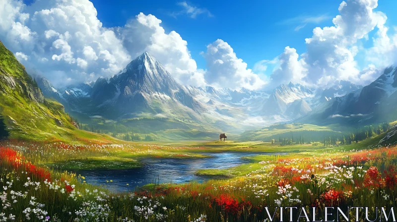 AI ART Scenic Mountain View with Flower Field