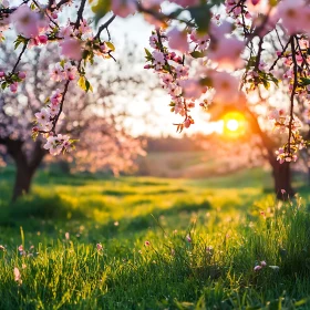 Sunset Meadow with Blossoming Trees