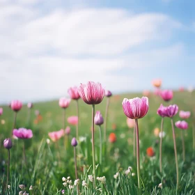 Blooming Tulips in Spring Meadow