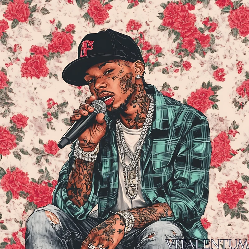 Floral-Backed Portrait of a Tattooed Rapper AI Image