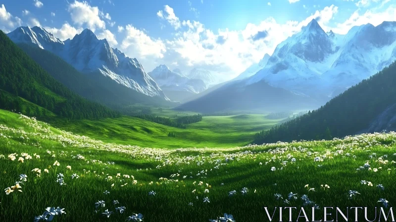 AI ART Snowy Peaks and Floral Meadow Vista