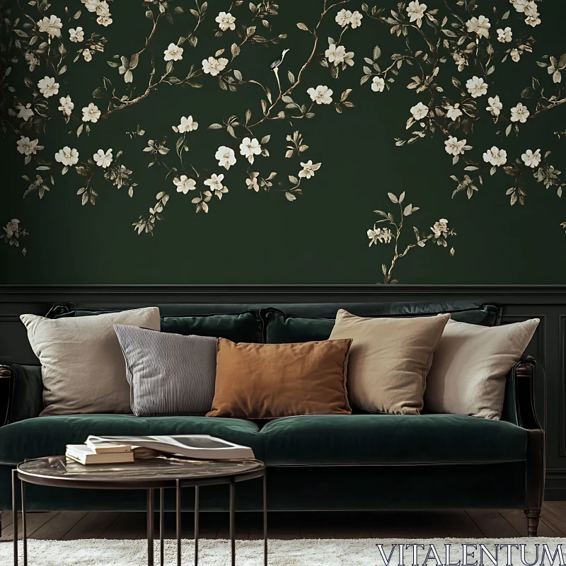 Green Sofa and Floral Wall Interior Design AI Image