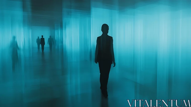 AI ART Mysterious Figures in a Blue Hallway