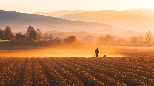 Farmer at Work in Morning Light