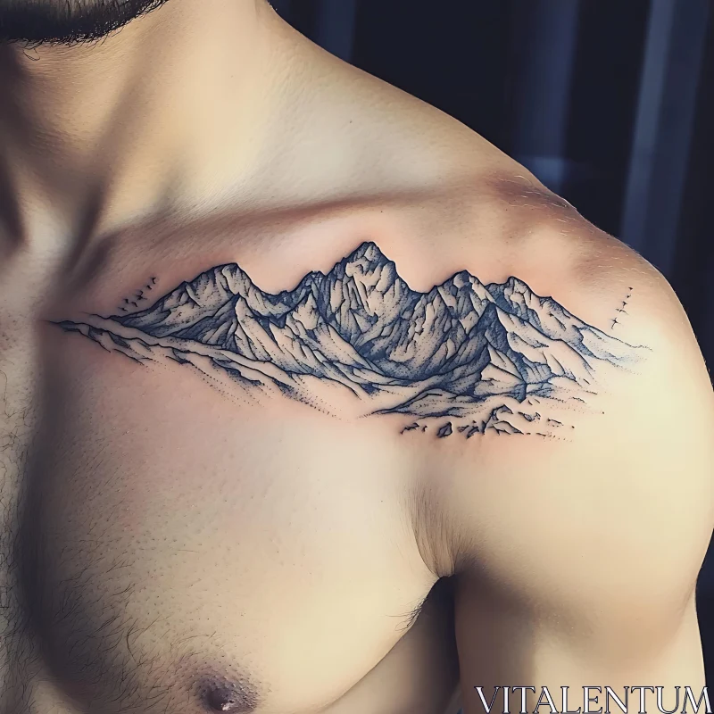 Black Ink Mountain Shoulder Tattoo AI Image