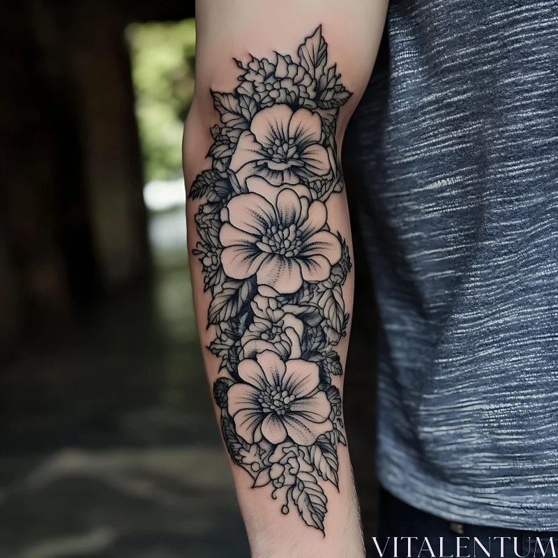 Intricate Floral Arm Tattoo in Black Ink AI Image