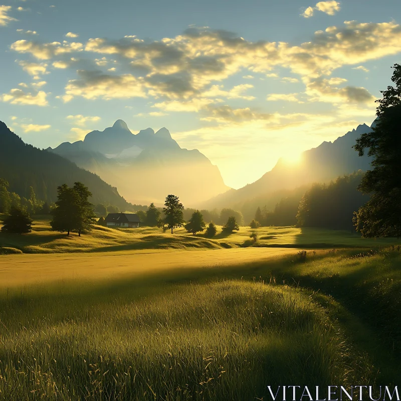 AI ART Peaceful Mountain Meadow at Sunrise