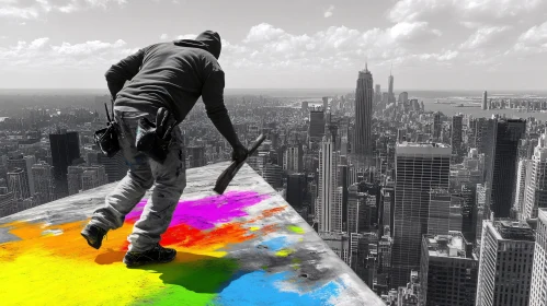 Colorful Rooftop Painting Overlooking City