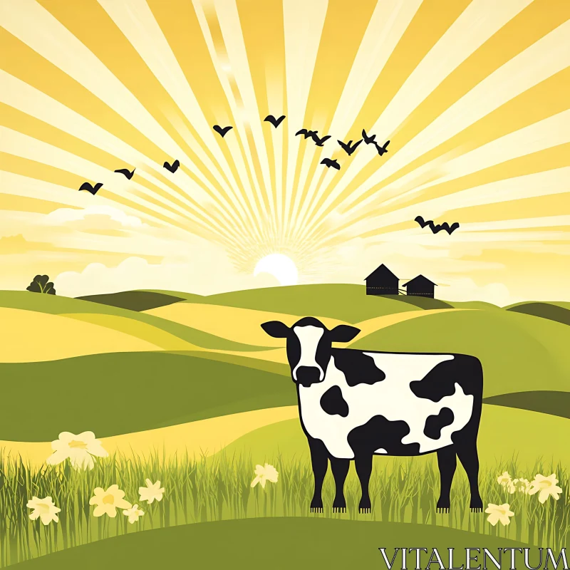 Pastoral Cow Scene with Rising Sun AI Image