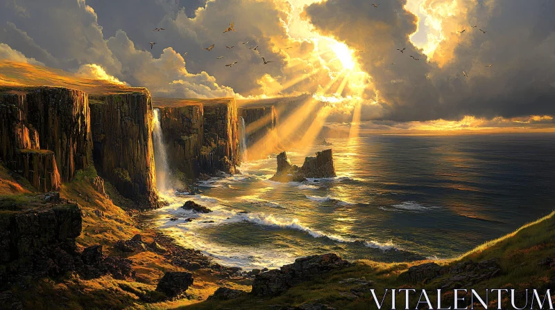 AI ART Sunlight Bursting Through Clouds Over Coastal Cliffs and Waterfall