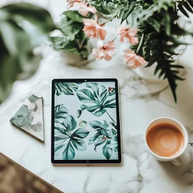 Tablet with Flowers and Coffee