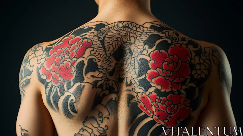 Back Tattoo with Floral and Dragon Design AI Image