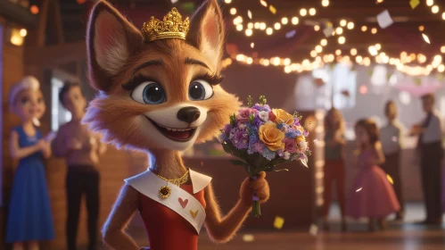 Cartoon Fox with Crown and Bouquet