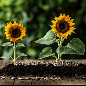 Two Blooming Sunflowers with Seeds