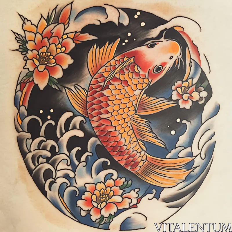 Vibrant Koi Fish and Floral Tattoo AI Image