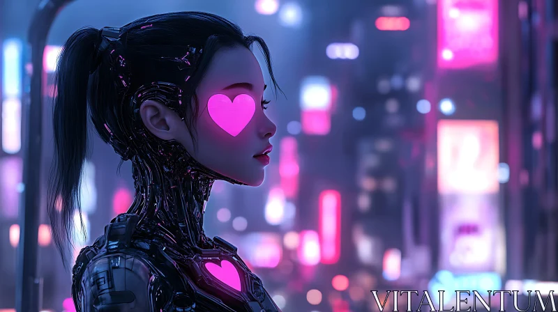 Futuristic Cyborg with Neon Heart Eyes AI Image