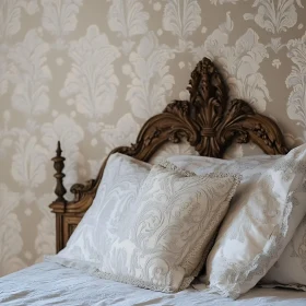 Vintage Bed with Pillows in Bedroom