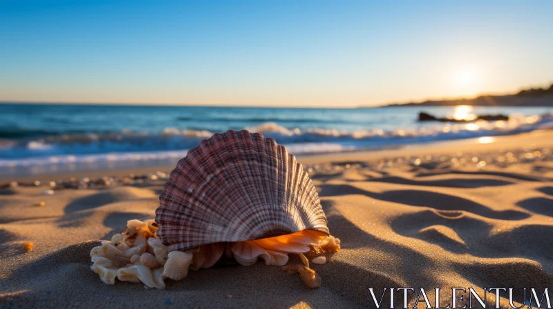 Captivating Sunset Beach Scene with Seashell AI Image