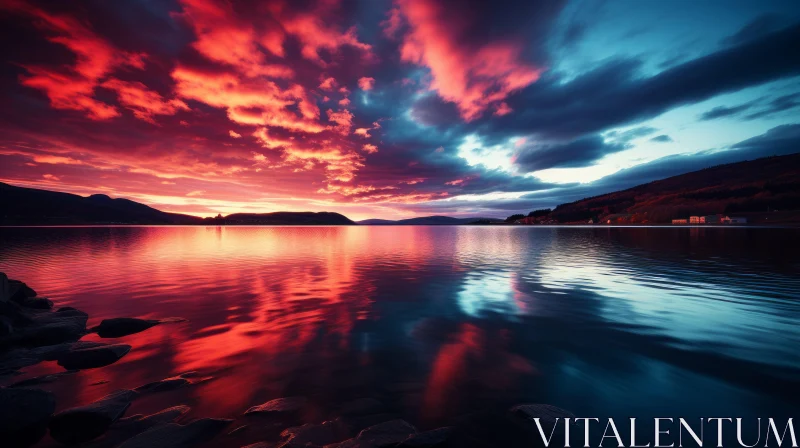 Captivating Sunset: Red and Blue Sky Above Tranquil Waters AI Image
