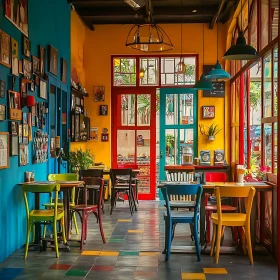 Vibrant Cafe Ambiance with Artistic Decor