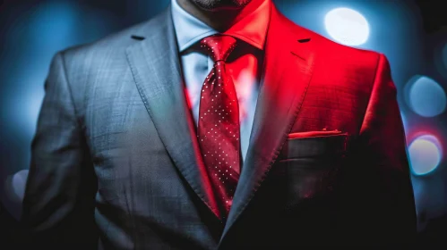 Confident Man in Gray Suit and Red Tie Against Dark Background