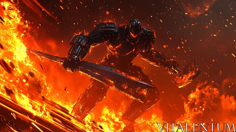 Armored Warrior in Blazing Landscape AI Image