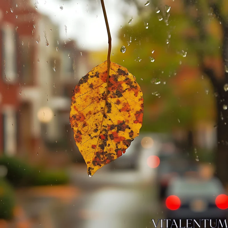 Autumn Leaf Against Wet Window Pane AI Image