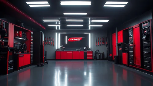 Modern Garage Interior with Red Accents