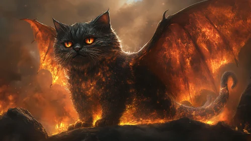 Infernal Cat with Fiery Wings