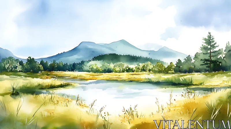 AI ART Serene Mountain Lake Watercolor Art