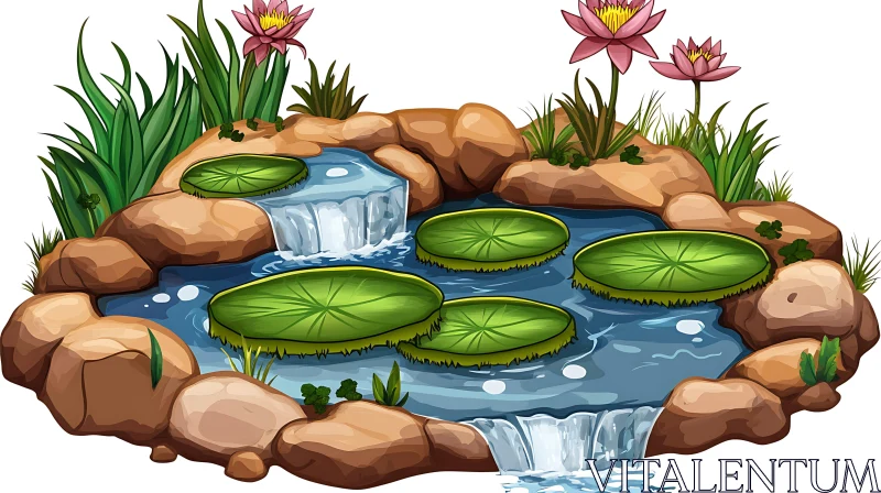 Serene Pond Scene with Water Lilies AI Image