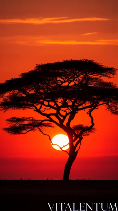 Majestic Tree Silhouette at Reddish Sunset | Traditional Arts Inspiration AI Image