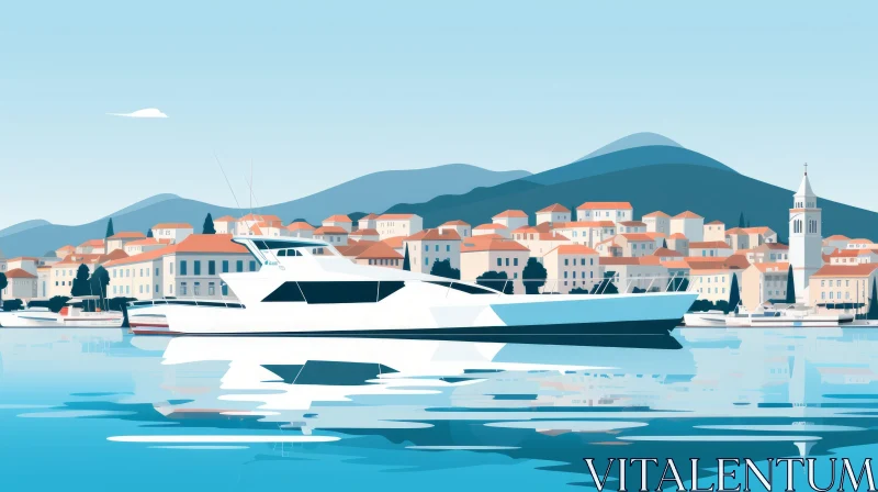 Minimalist Illustration of Kotor Harbor with Docked Boat AI Image