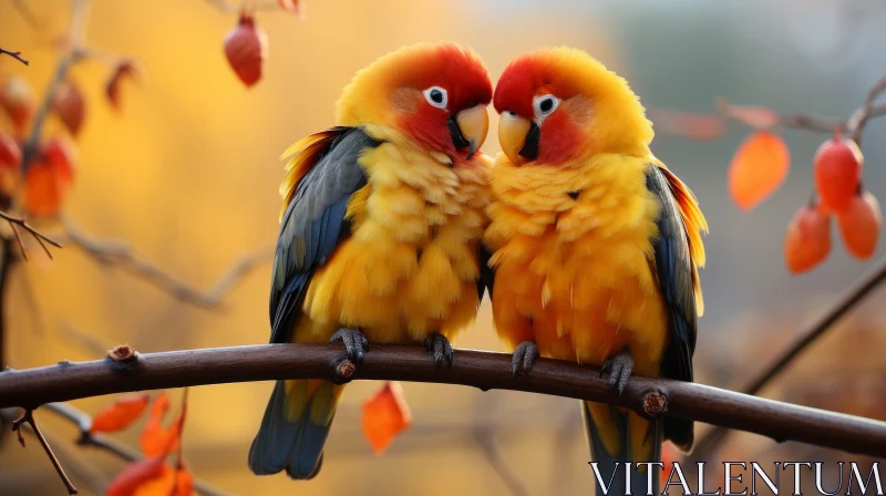 AI ART Romantic Autumn Encounter: Parrots in Love