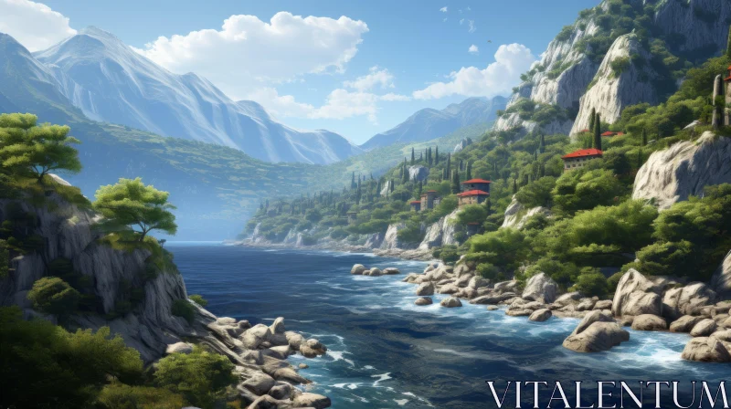 Serene Seascape with Mountains and House AI Image