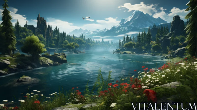 Tranquil Forest River - A Scene of the Wild Hunt AI Image