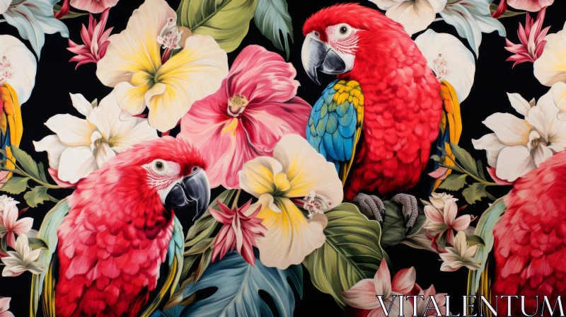 Tropical Fabric Pattern with Hibiscus Parrots and Flowers AI Image