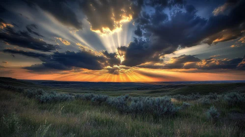 Dramatic Sunset Landscape with Golden Sun Rays